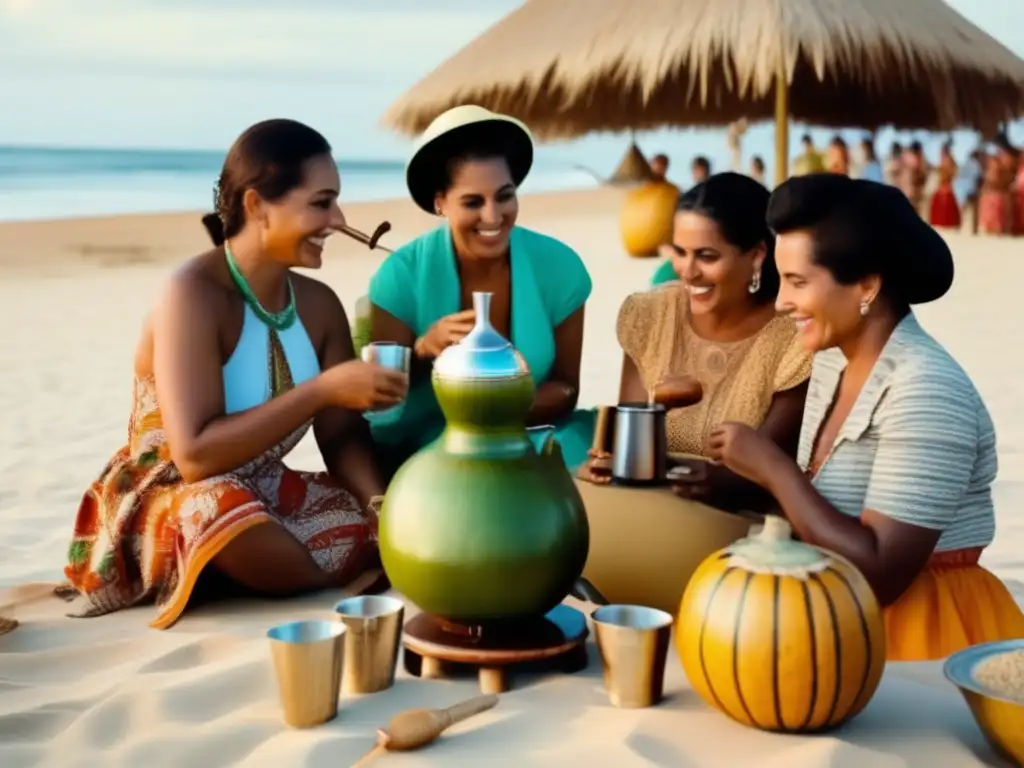 Ceremonia del mate en Brasil: playa vintage con personas preparando y bebiendo mate en una escena nostálgica y ritualista