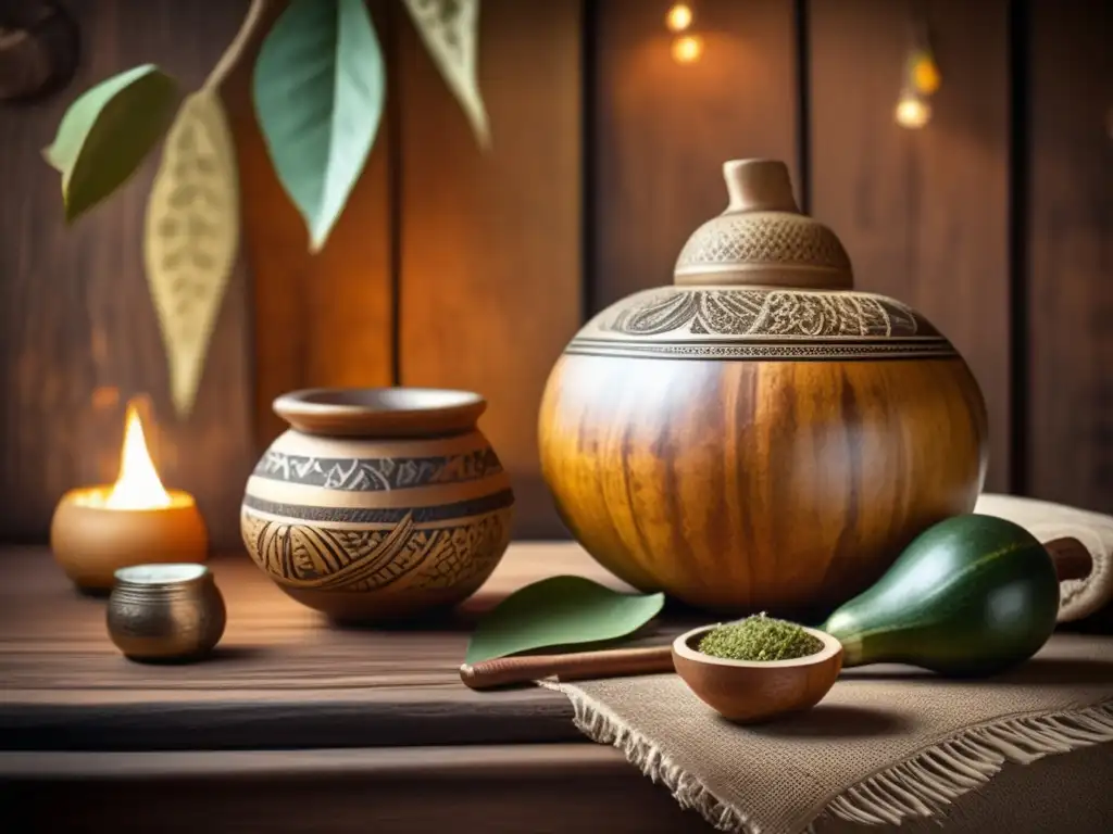 Ceremonia tradicional del mate en ambiente acogedor, con gourd tallado y yerba mate aromática