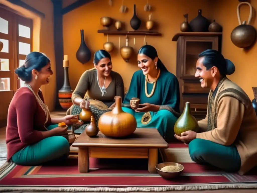 Ceremonia tradicional de mate con amigos y familiares, en una acogedora sala de estar decorada con muebles de madera y elementos tradicionales