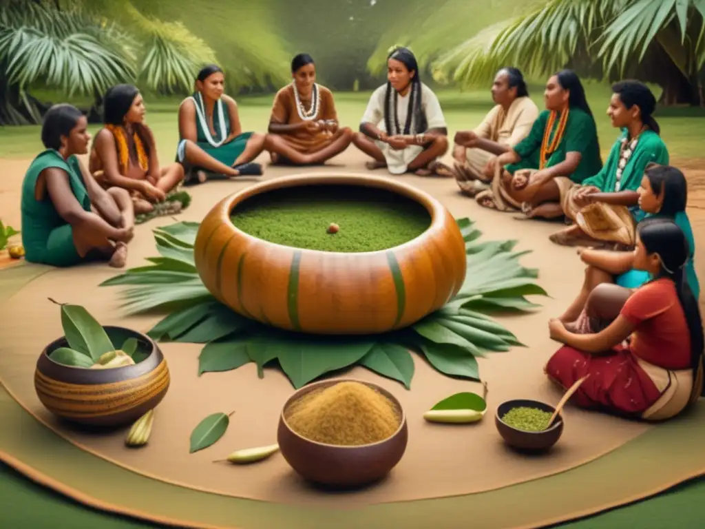 Ceremonia tradicional de mate con comunidad indígena rodeada de vegetación exuberante