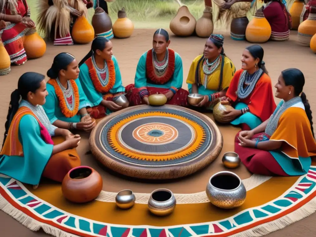 Ceremonia tradicional de mate con indígenas, gourds, bombillas y bolsas tejidas