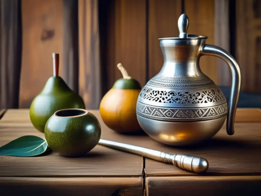 Ceremonia tradicional de mate: mate de plata, bombilla y alfajores en una mesa rústica con mapa de la región Rioplatense