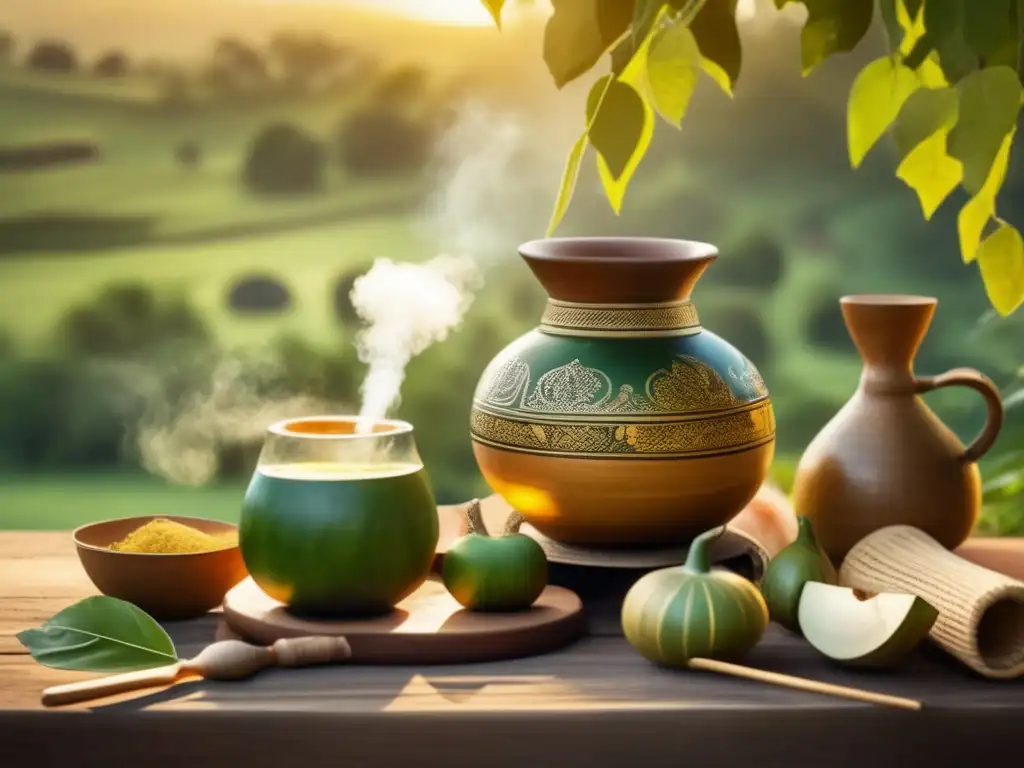 Ceremonia tradicional del mate: Pasos y significados en un hermoso entorno rural con gourd, bombilla y agua caliente