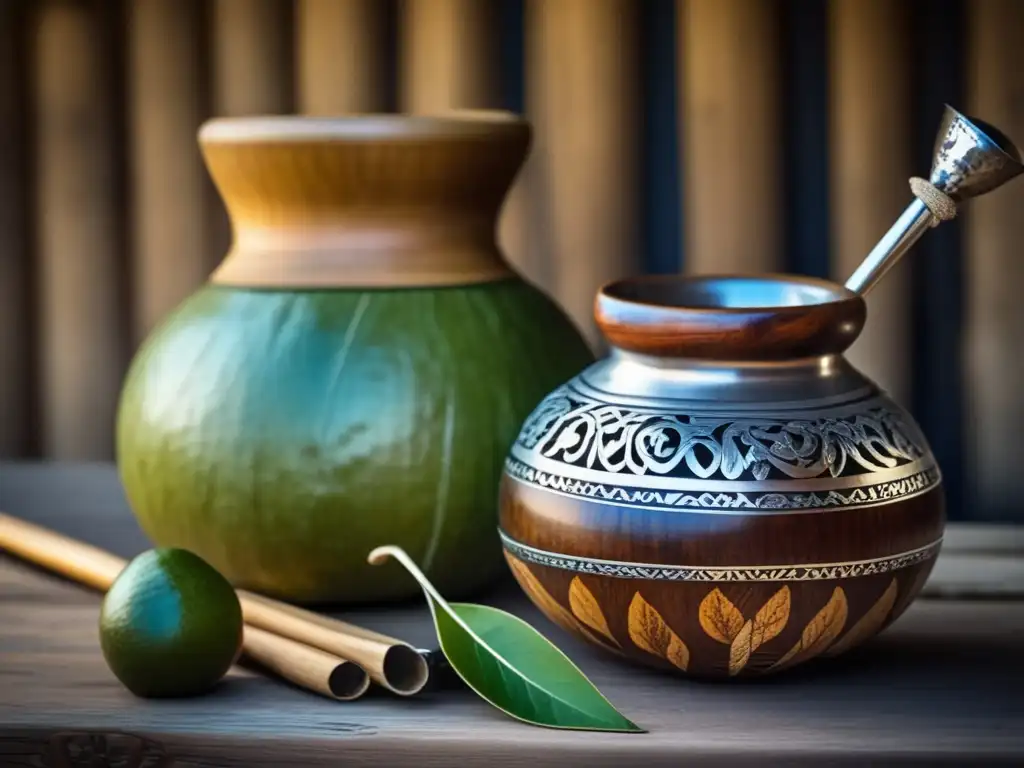 Ceremonia de yerba mate en Rio de la Plata - Gourd y bombilla de plata, mesa de madera antigua, mapa regional - Tradición y encanto de la yerba mate