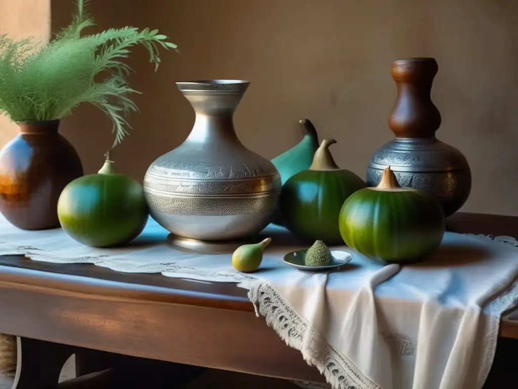 Mate en ceremonias rioplatenses: tradición, elegancia y nostalgia con una mesa de madera, mate de plata y yerba mate vibrante