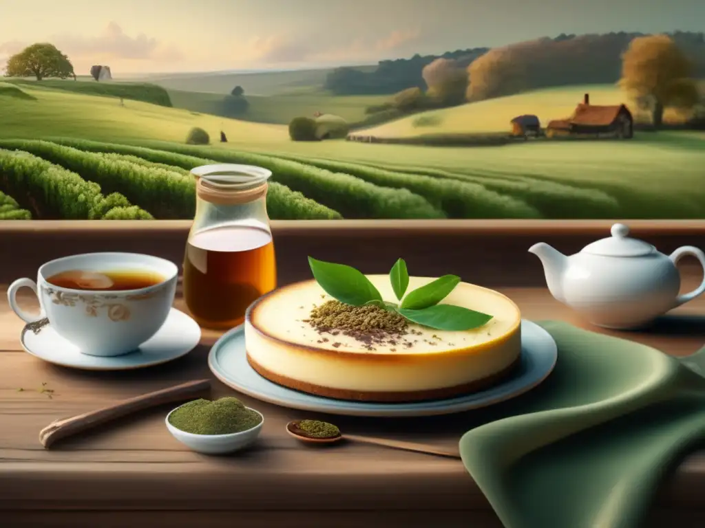 Cheesecake mate: pintura vintage con paisaje campestre, mesa rústica y tazas de té con mate