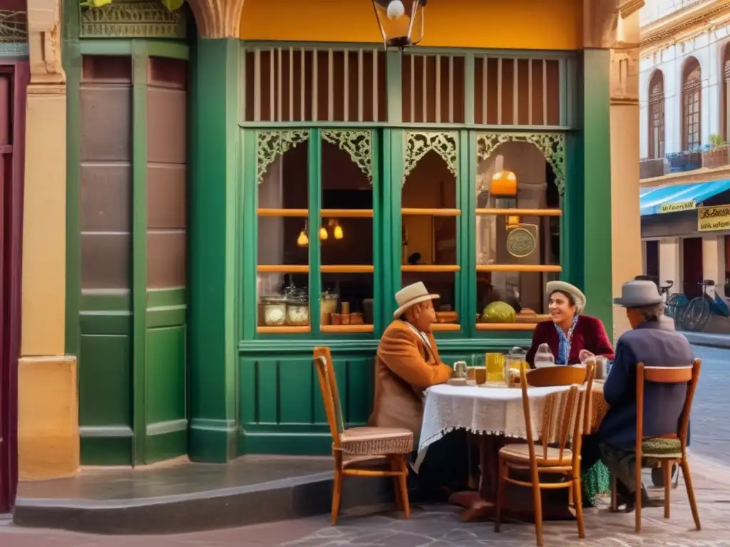 Tradición del mate en Montevideo: Cozy café en la Ciudad Vieja con decoración uruguaya, muebles rústicos, textiles coloridos y mates vintage