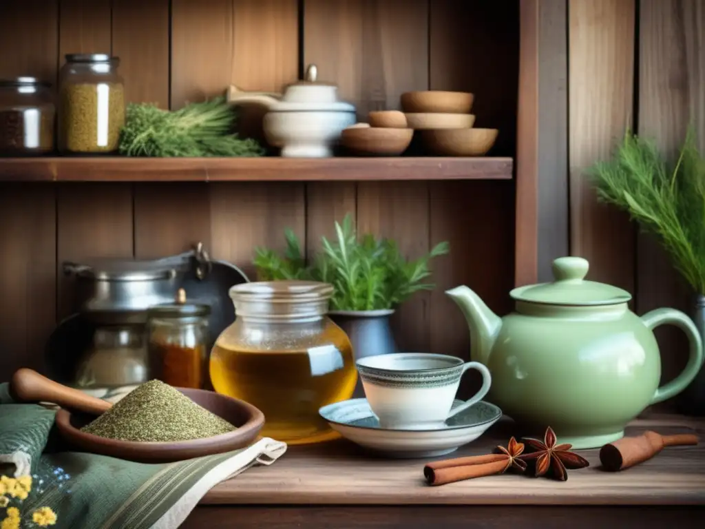 Cocina rústica con yerba mate en platos diarios