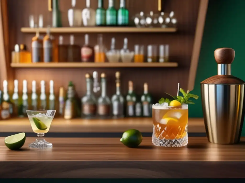 Bar vintage con coctelería de yerba mate compuesta Coctelería vintage con barra de madera, botellas coloridas y yerba mate compuesta