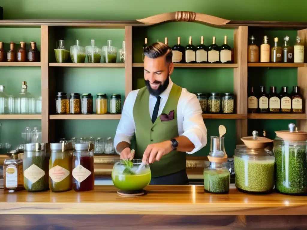 Bar de cócteles vintage con mate Coctelería con yerba mate compuesta: bar vintage con bartender preparando un refrescante cóctel de yerba mate verde con menta y limón