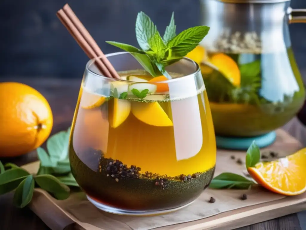 Cocktail de yerba mate con frutas y hierbas aromáticas Coctelería con yerba mate compuesta: infusión de yerba mate oscura con hierbas aromáticas y frutas frescas en vaso vintage