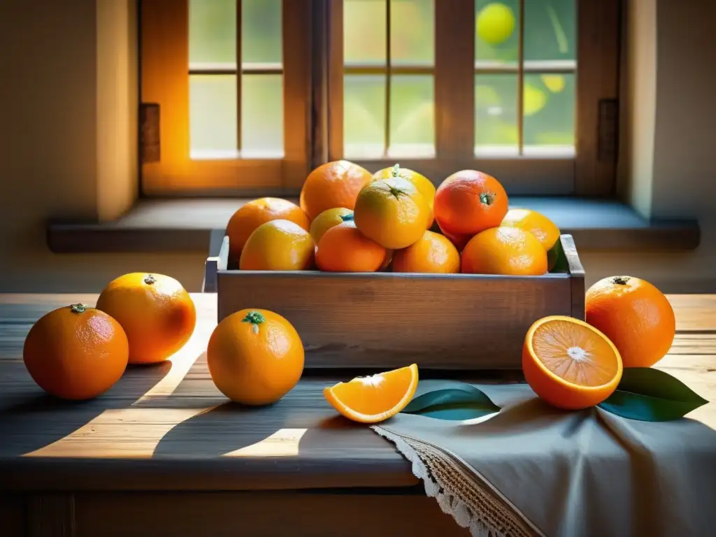 Combinación cítrica en el mate: mesa rústica con naranjas y mandarinas frescas