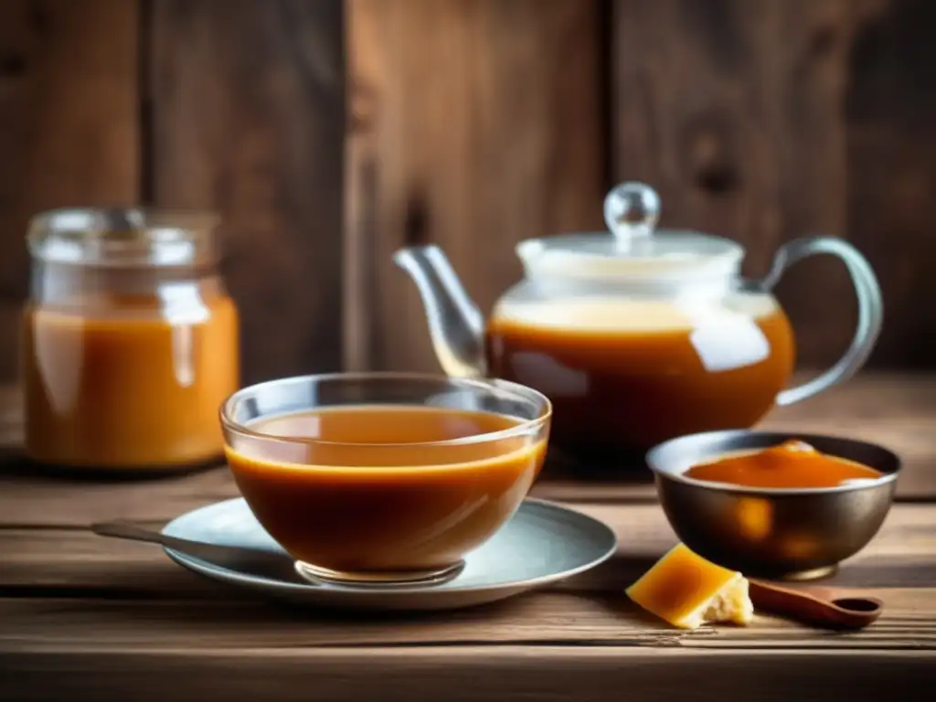 Combinación dulce de leche y mate en mesa vintage con pancake y teapot