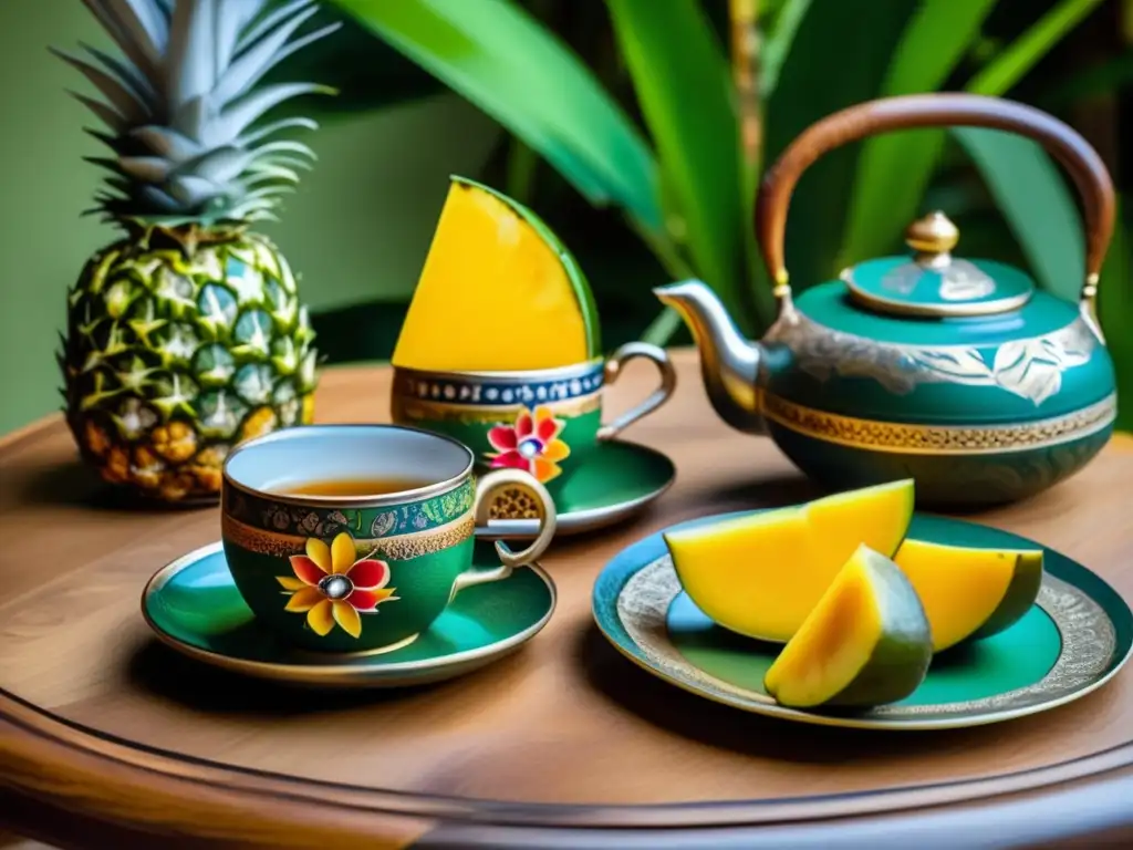 Combinaciones atrevidas de yerba mate en una mesa de madera, con frutas tropicales y una antigua tetera y tazas decoradas con flores