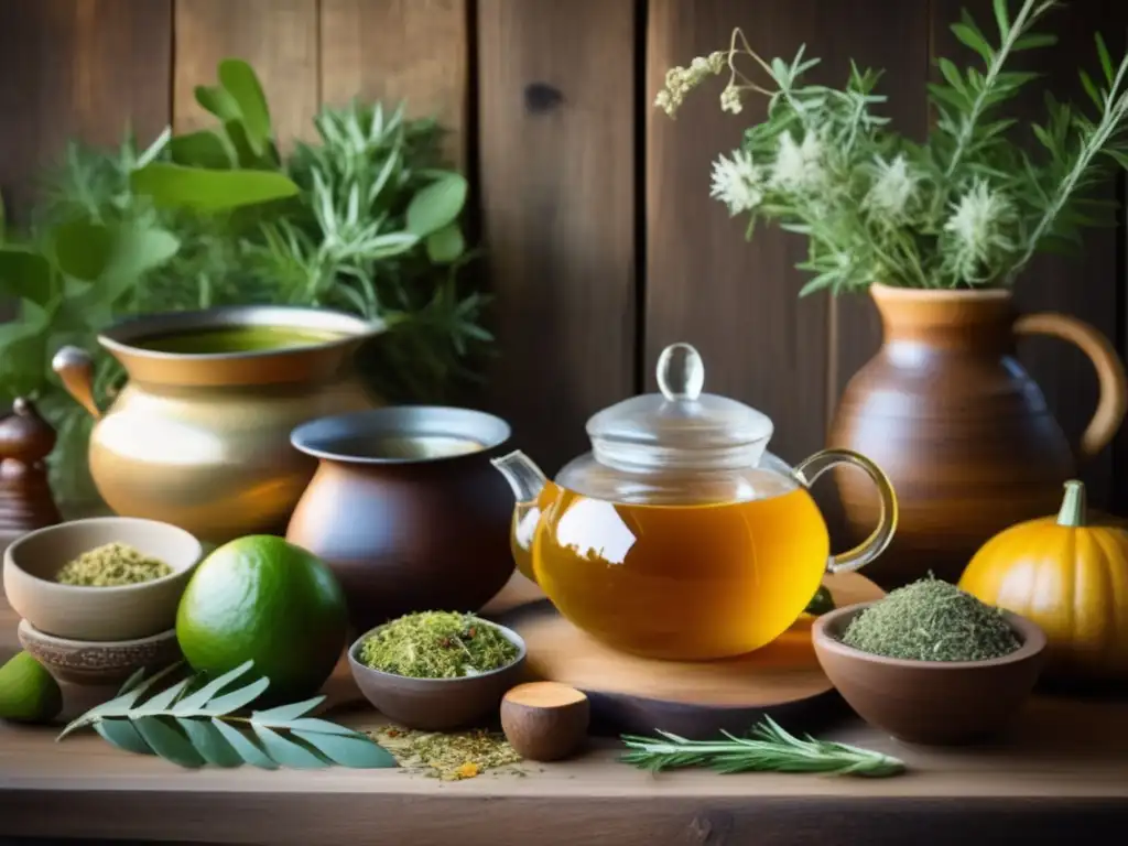 Combinaciones saludables de mate con hierbas: mesa de madera con ingredientes de té herbal y mate en el centro rodeado de Romero, Tilo y Jengibre