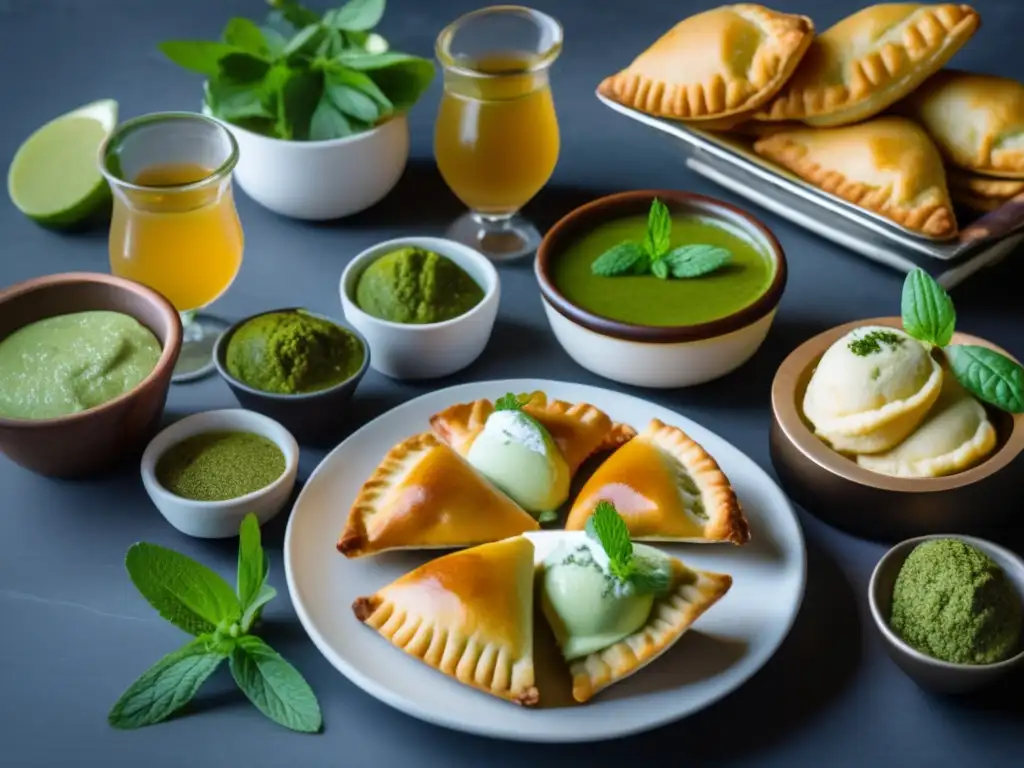 Platter de comida y postres argentinos con sorbetes de yerba mate verano