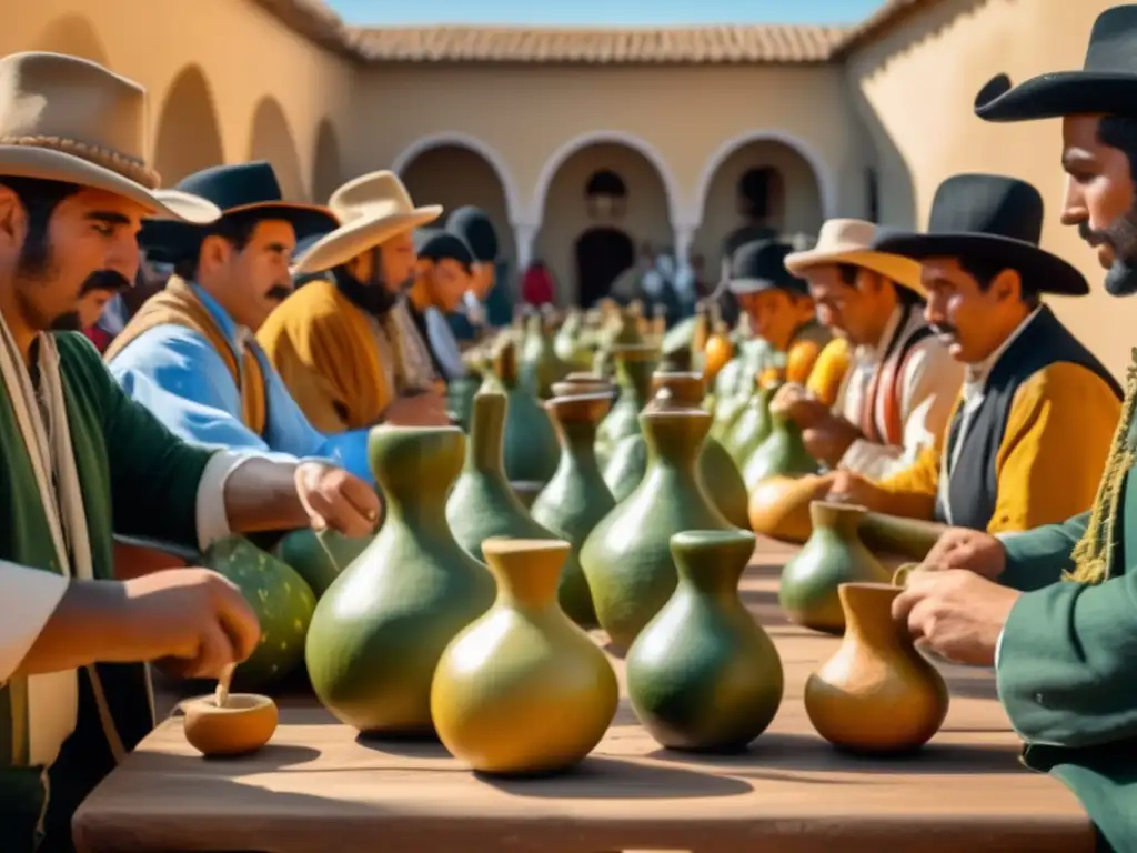 Competencia de yerba mate en patio argentino con participantes vestidos tradicionalmente y preparando mate con precisión