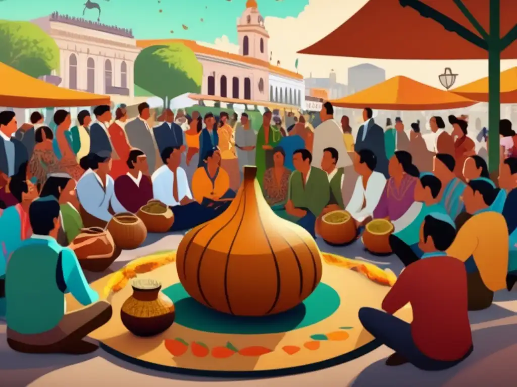 Competencias de mate rioplatense: Ilustración vintage de una ceremonia de mate en una plaza bulliciosa de Buenos Aires