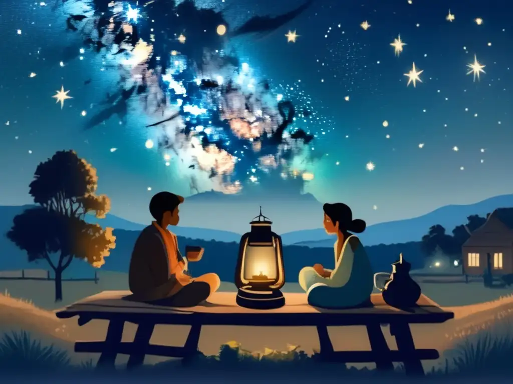 Conexiones astronómicas en el mate: una pintura vintage muestra una noche estrellada en la que amigos comparten mate bajo la Vía Láctea