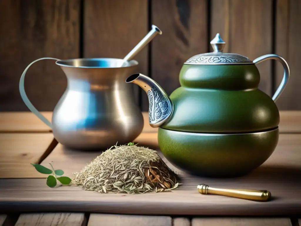 Mate tradicional en mesa rústica Conjunto mate vintage en mesa rústica: Museos del mate para los sentidos