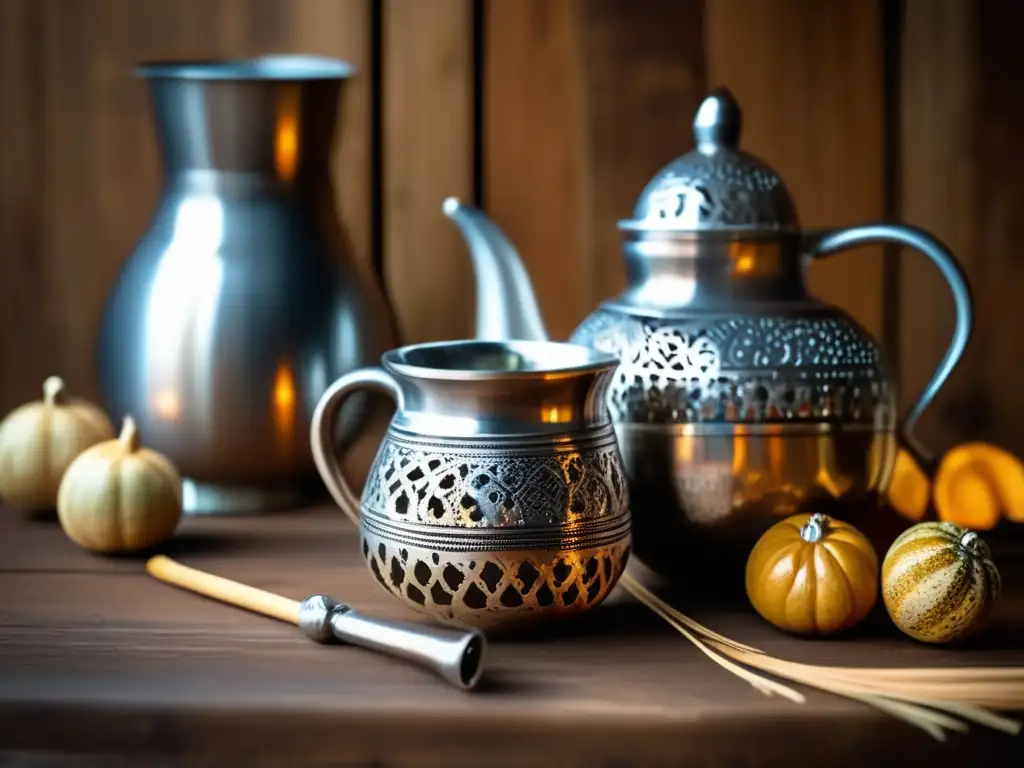 Conjunto tradicional de mate en mesa rústica con gourds, bombilla de plata y termo