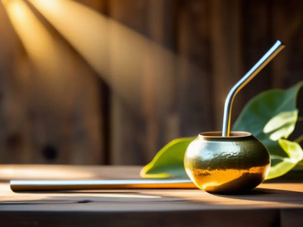 Consumo de mate y prevención de adicciones: Mate gourd and bombilla on rustic wooden table, emitting steam and showcasing intricate patterns