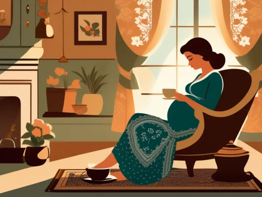 Consumo seguro de mate durante embarazo: mujer embarazada disfruta de un momento tranquilo y relajante en una habitación vintage