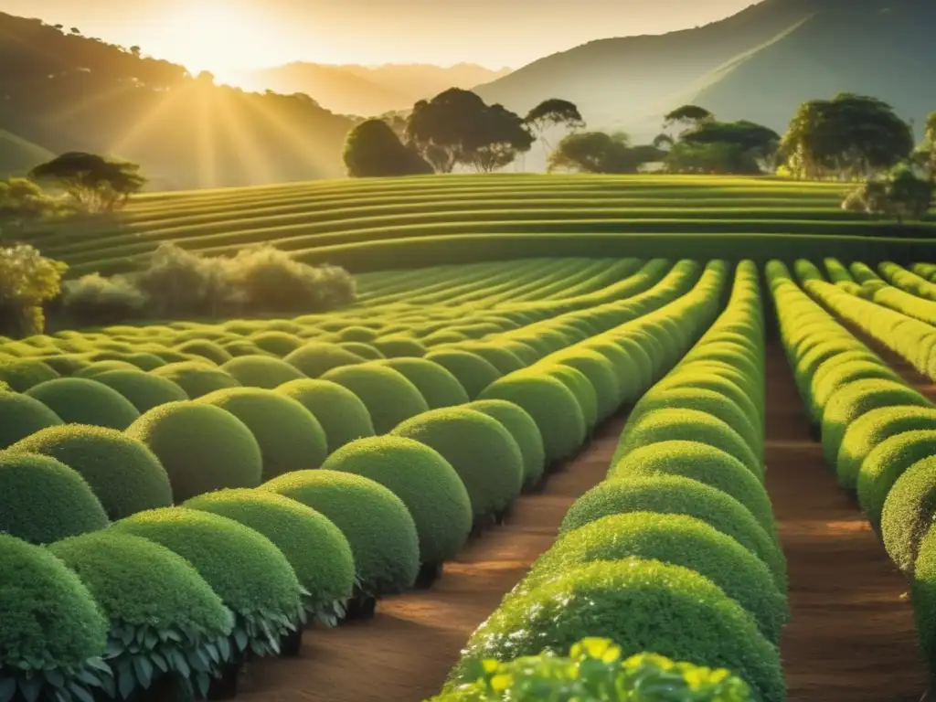 Cuidado de plantaciones de yerba mate en un paisaje vintage de exuberantes plantas verdes y un agricultor atento