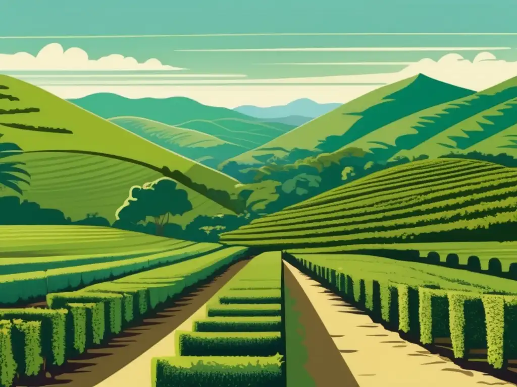 Cultivo sostenible de mate orgánico en hermosa ilustración vintage de plantación en el campo