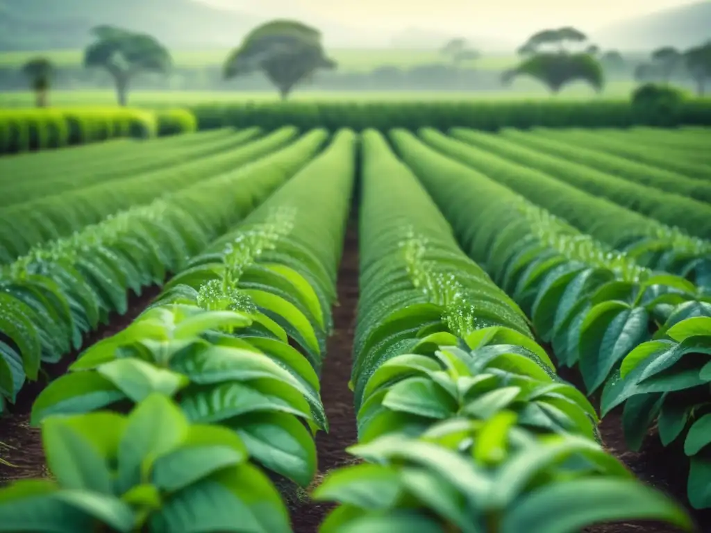 Cultivo tradicional de yerba mate Cultivo tradicional de yerba mate en campo verde y brumoso al amanecer