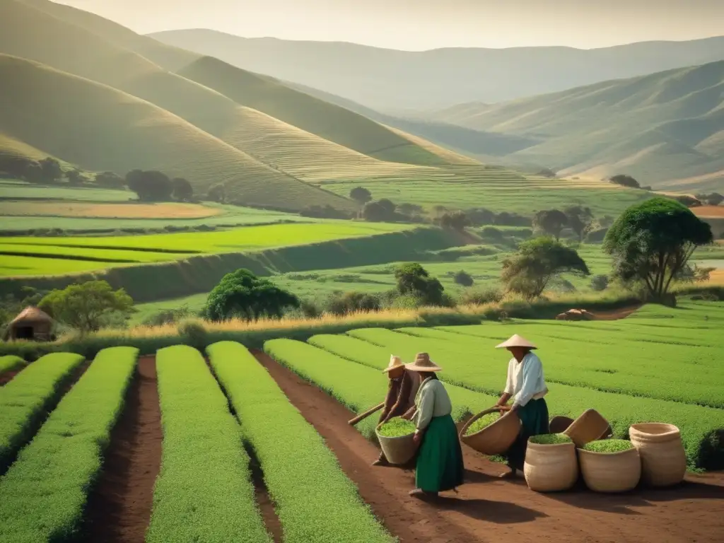 Cultivo tradicional de yerba mate Cultivo tradicional de yerba mate en campos verdes con agricultores seleccionando y cosechando hojas con experiencia ancestral