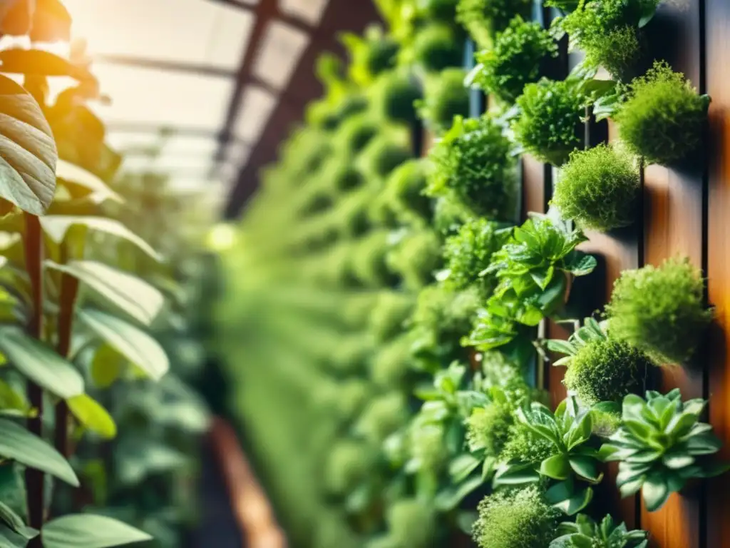 Cultivo vertical de yerba mate en un jardín exuberante, con plantas vibrantes y técnicas innovadoras