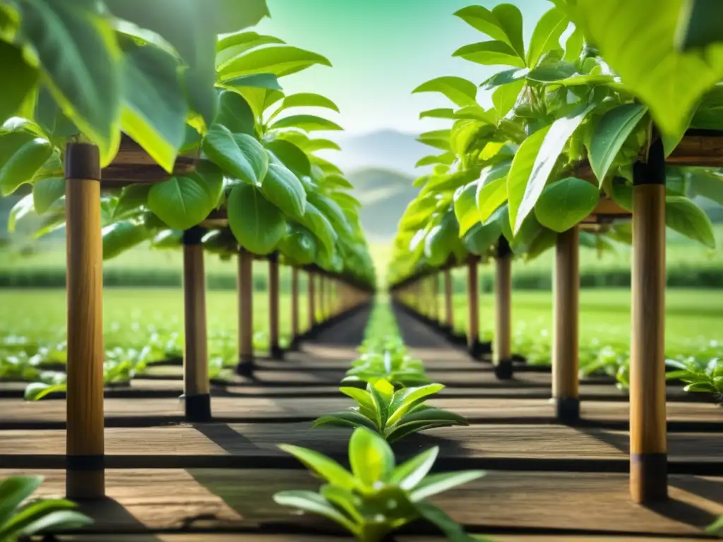 Cultivo de yerba mate hidropónico en un campo verde con alineación perfecta, postes de madera y hojas brillantes bajo el sol