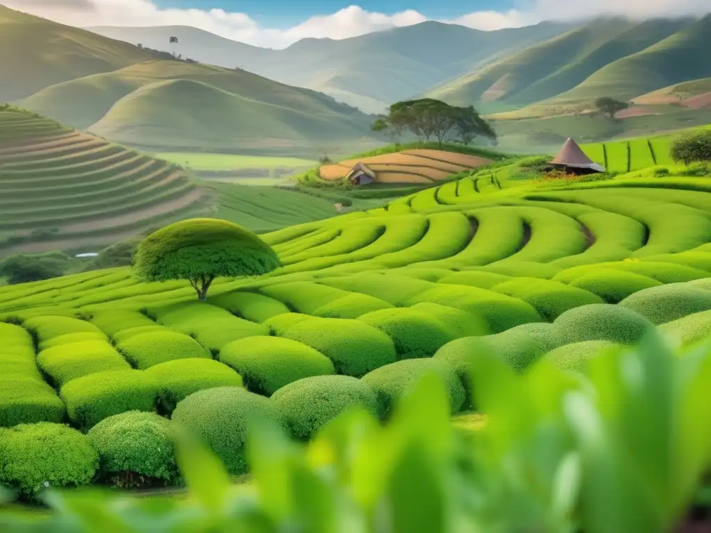 Cultivo de Yerba Mate en primavera: serena imagen de un paisaje rural con colinas verdes y plantación de mate