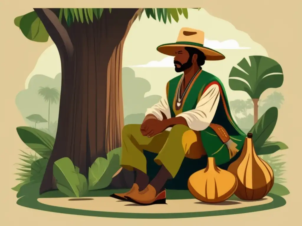 Cultura del mate en Brasil: ilustración vintage de un gaucho bajo un árbol, rodeado de vegetación y vistiendo traje tradicional