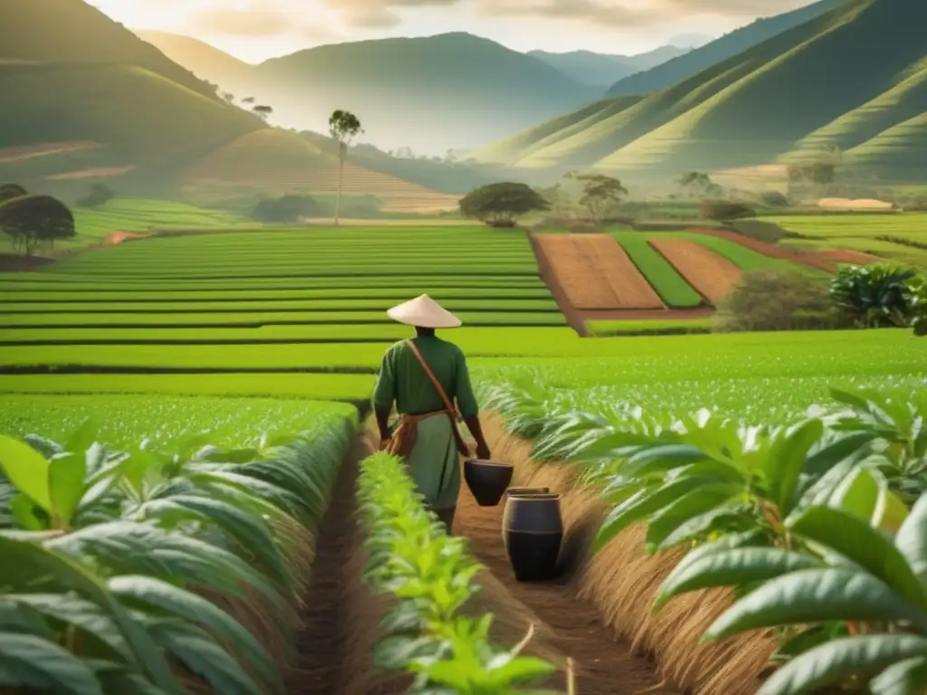 Cultura del mate en la región: Plantación de yerba mate, campos verdes, trabajador cuidando y podando las plantas con machete