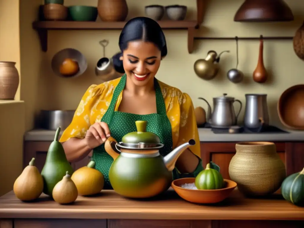 Cultura del mate en Brasil: preparación tradicional con gourd, bombilla y yerba mate en una acogedora cocina