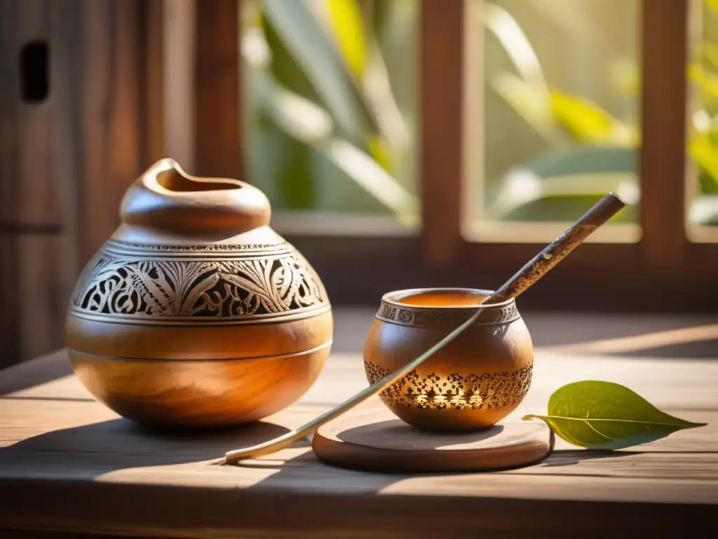 Promoción cultural del mate en Argentina y Uruguay - Mate de madera vintage con bombilla, rodeado de hojas de yerba mate y decorado con detalles tallados, sobre una mesa rústica de madera