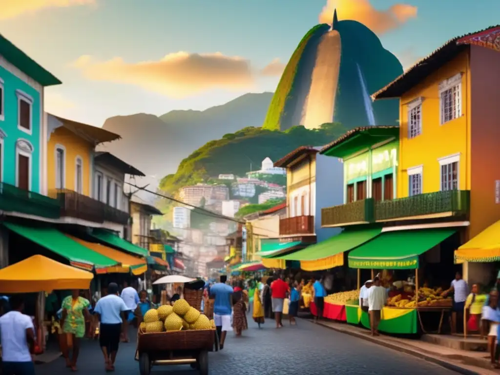 Fusión cultural mate samba Brasil: Escena callejera vibrante en Río de Janeiro con música, baile, mercado tradicional y productos típicos