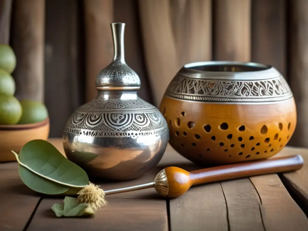 Evolución cultural del mate en el siglo XX: Mate gourd y bombilla vintage en mesa de madera rústica con yerba mate y luz natural