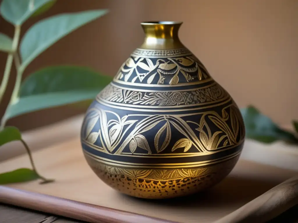 Evolución cultural del mate en el siglo XX: Mate gourd vintage con detalles ornamentales, yerba mate y bombilla tradicional