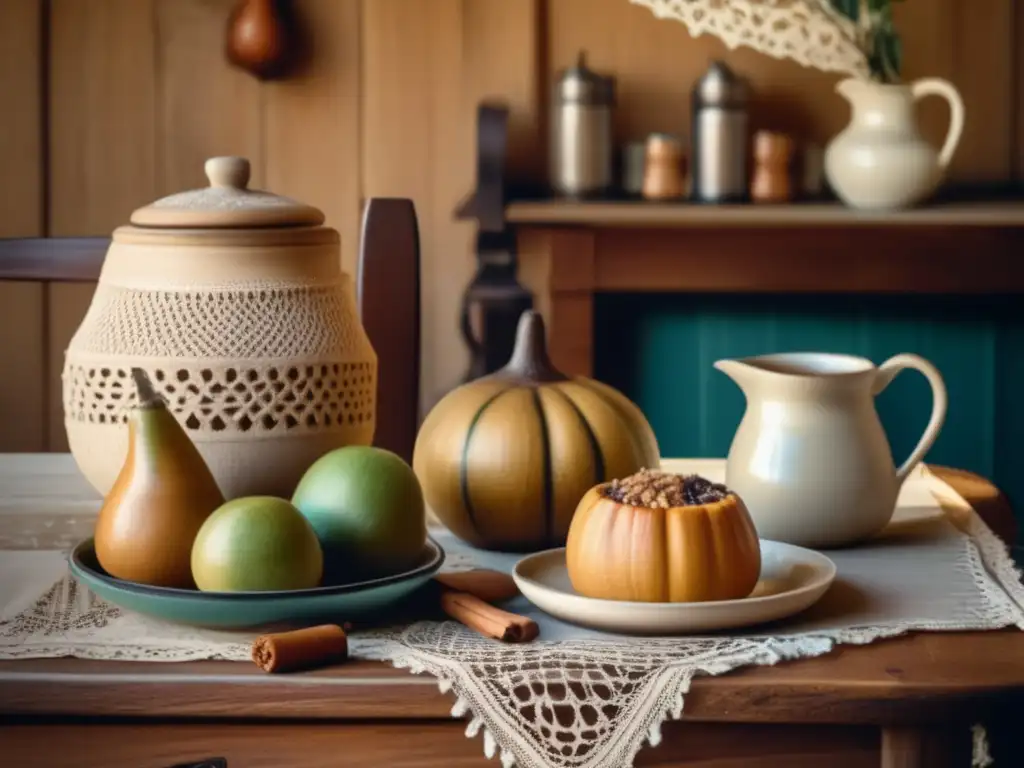 Promoción cultural del mate en Argentina y Uruguay: escena vintage en un acogedor café con una mesa de madera decorada con mate, termo y dulces