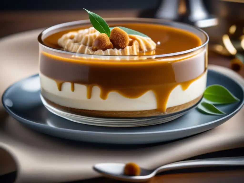 Deliciosa mousse de dulce de leche con mate, presentada en elegante cuenco vintage con salsa de caramelo y hojas de mate trituradas