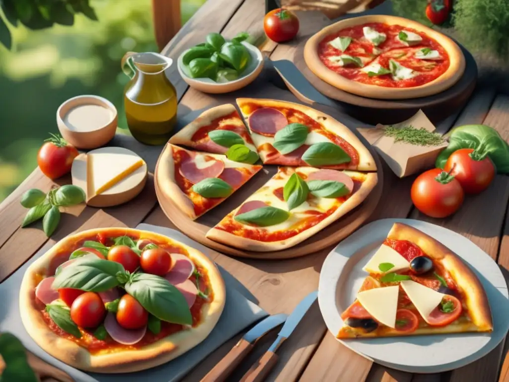 Deliciosa mesa rústica con pizzas y tarts, rodeada de vegetación y bañada por la cálida luz del sol