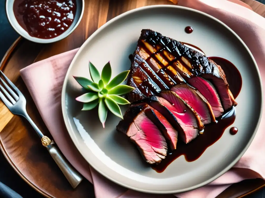 Un delicioso y elegante plato de steak con reducción de mate, perfectamente cocinado y decorado con hojas secas de mate