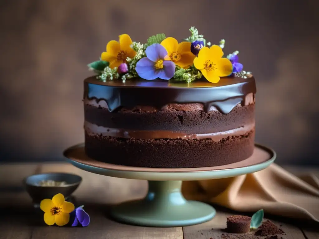 Un delicioso pastel de chocolate infundido con mate, adornado con flores comestibles y un toque vintage