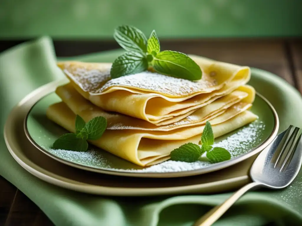 Deliciosos crepes dorados con té verde y decorados con azúcar en polvo, menta fresca y presentados en un plato floral vintage