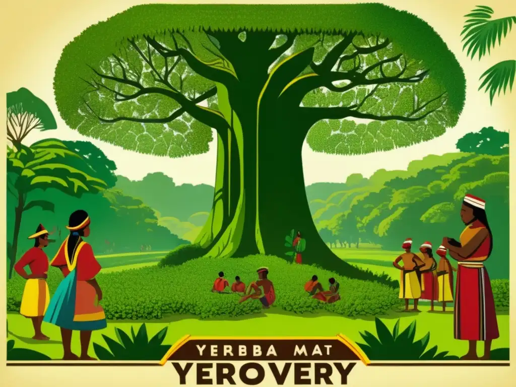 Descubrimiento y tradición de yerba mate con Guarani recolectando hojas de árbol en un bosque exuberante