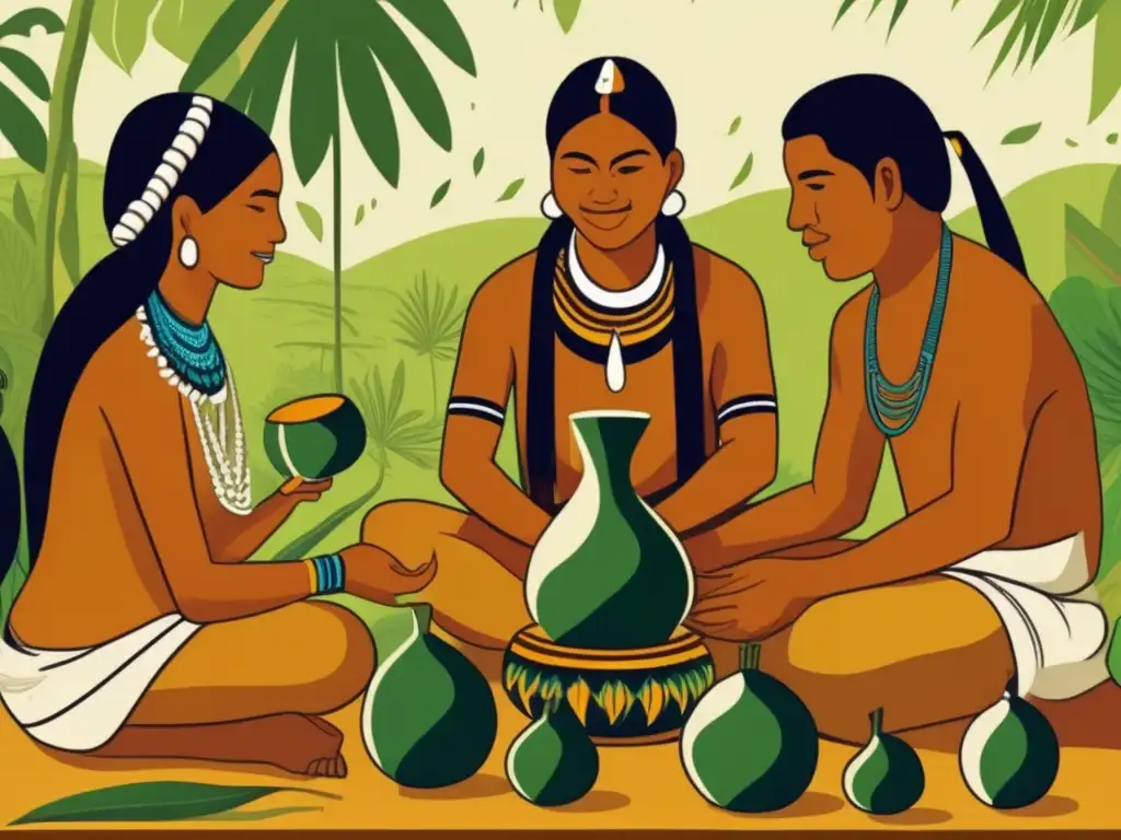 Ilustración detallada de la ceremonia del mate rioplatense con indígenas Guarani