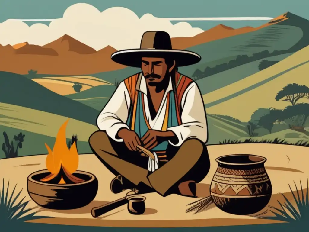 Ilustración detallada de gaucho preparando mate en el paisaje rioplatense